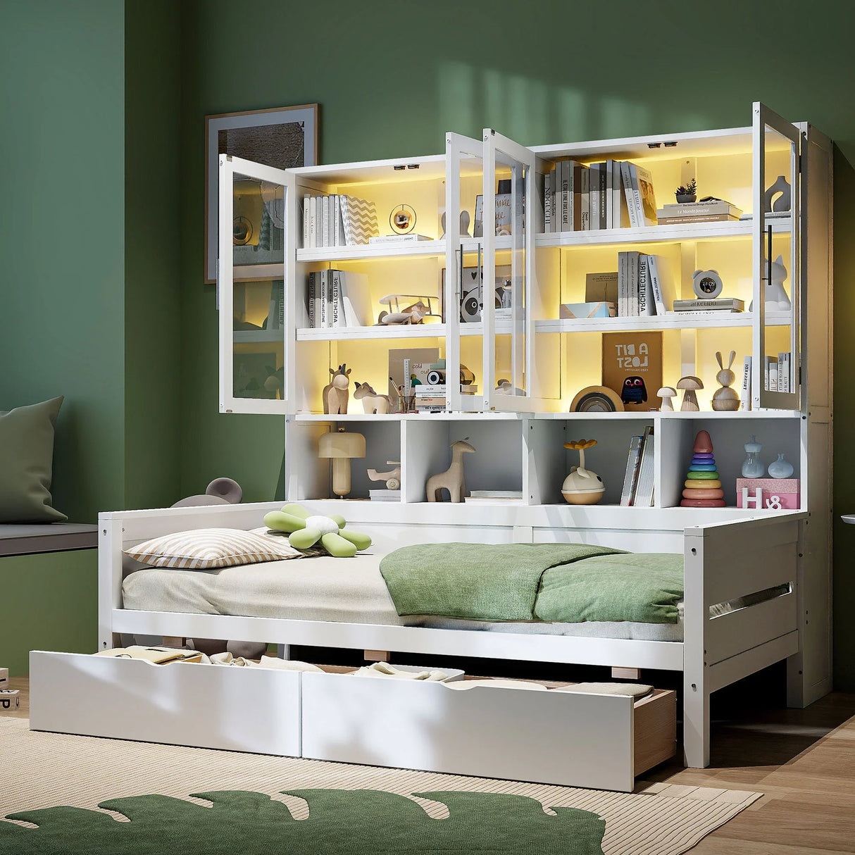 Daybed With Glass Door Storage Cabinets, Built In LED Lighting And Shelves - Furniture Home Direct