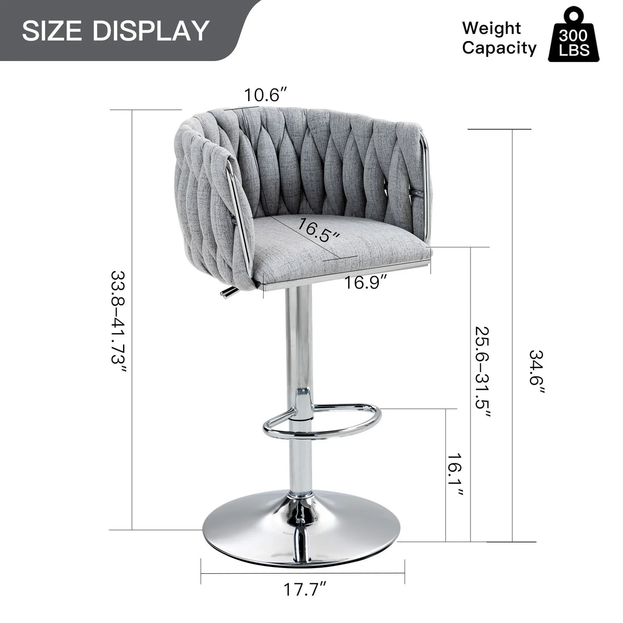 360 Degree Swivel Bar Stools Adjustable Counter Height Bar Chairs With Woven Back & Footrest, Silver Chromed Bar Stools For Kitchen Island (Set of 2) - Gray - Furniture Home Direct