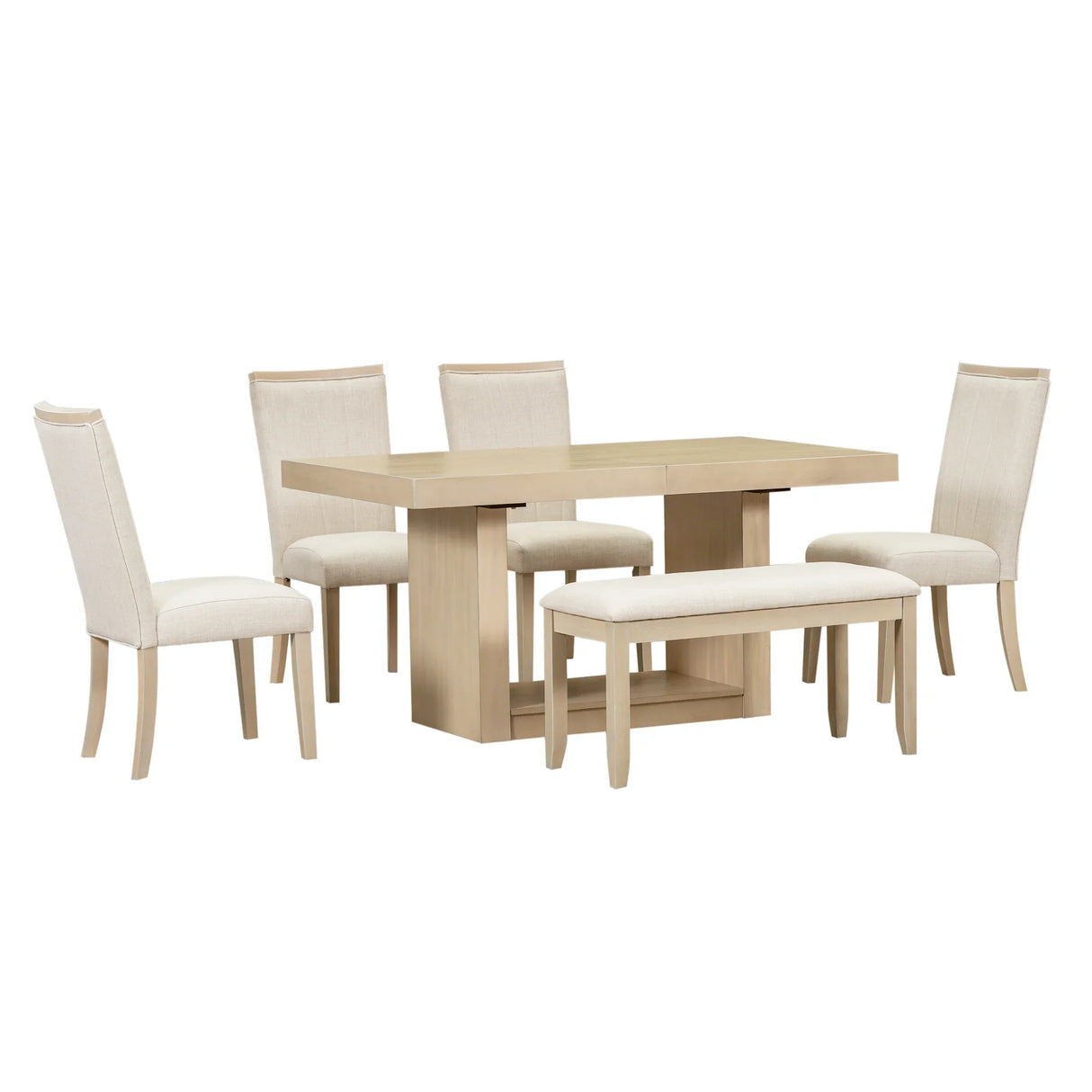Dining Set Extendable Pedestal Table Bench And Chairs Beige - Furniture Home Direct