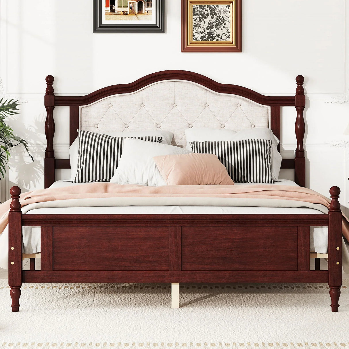 Pine Wooden Bed With Upholstered Headboard And Panel Footboard, With Two Bed Rail Support Feet And Central Platform Support Feet - Furniture Home Direct
