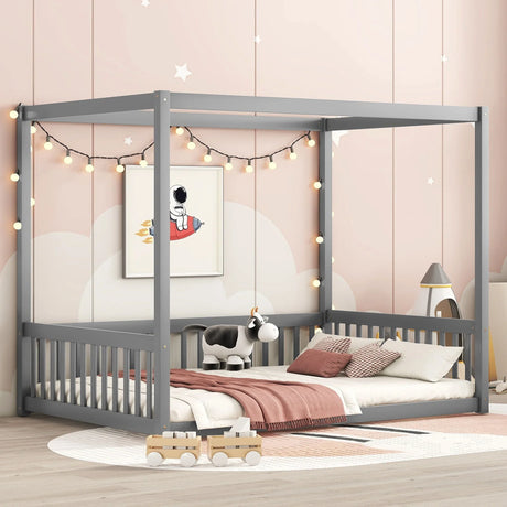 Canopy Frame Floor Bed With Fence, Guardrails - Furniture Home Direct