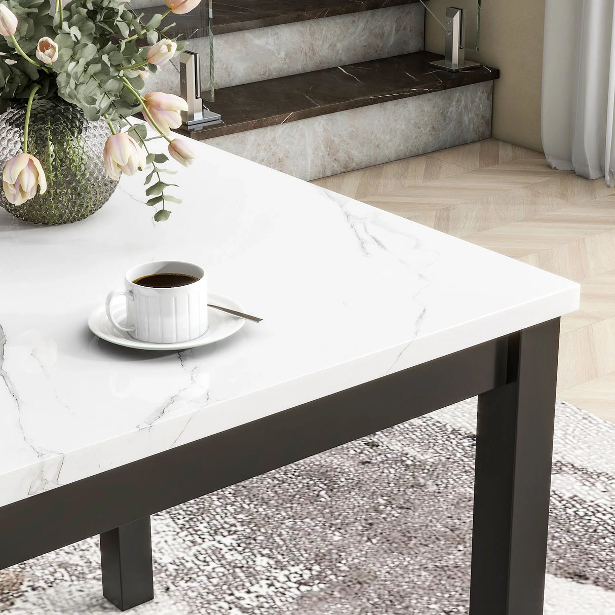 5-Piece Counter Height Dining Table Set With One Faux Marble Top Dining Table And Four Velvet Upholstered Chairs - Furniture Home Direct
