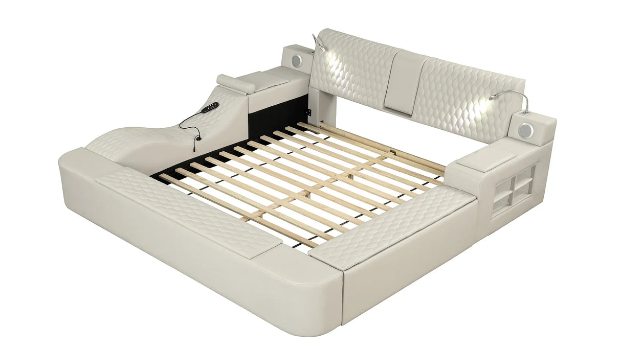 Queen Bed Upholstered Platform with Built in Lighting Beige - Furniture Home Direct