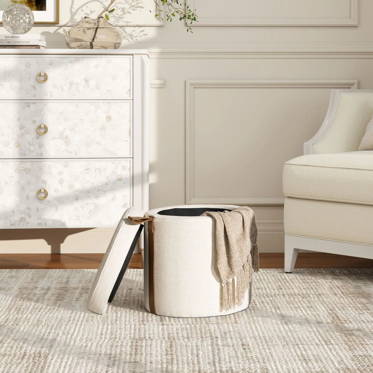 Brandy - Round Upholstered Storage Ottoman With Leather Accent - Furniture Home Direct