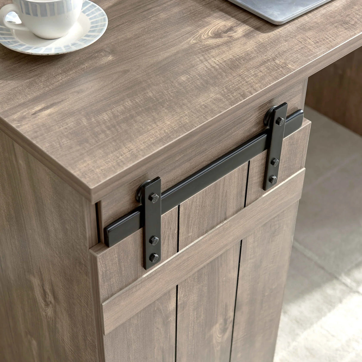 Home Office Desk Hazelnut One Cabinet Three Shelves Faux Barn Door On Metal Euro Hinges Modesty Panel - Light Brown - Furniture Home Direct
