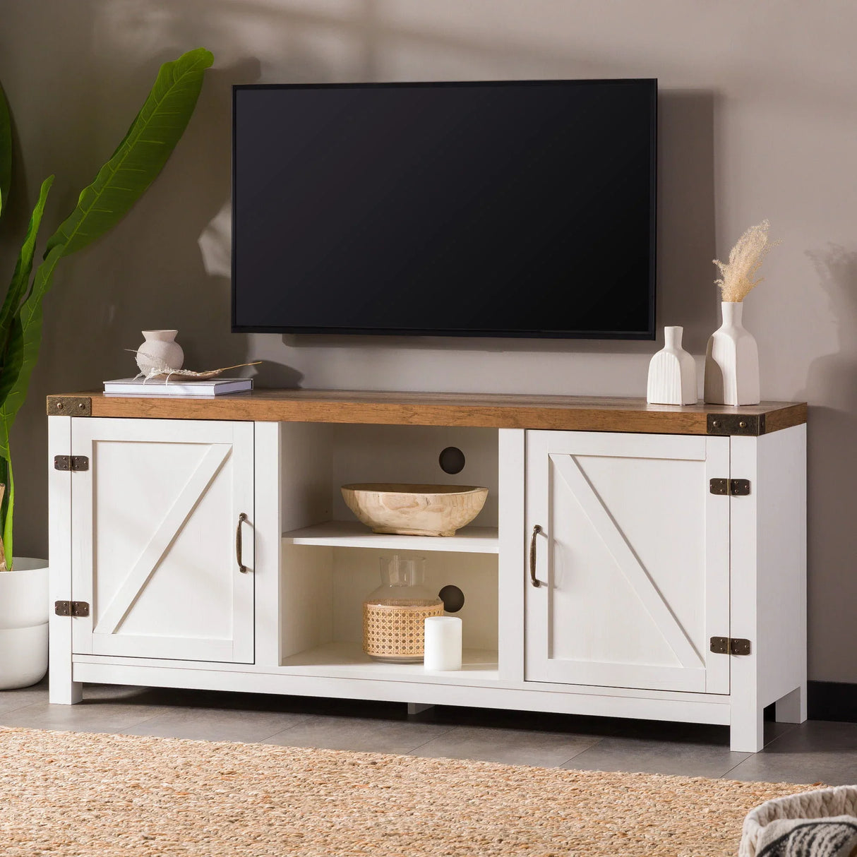 Modern Farmhouse Barn Door 3 Shelf TV Stand For TVs Up To 65” - Furniture Home Direct