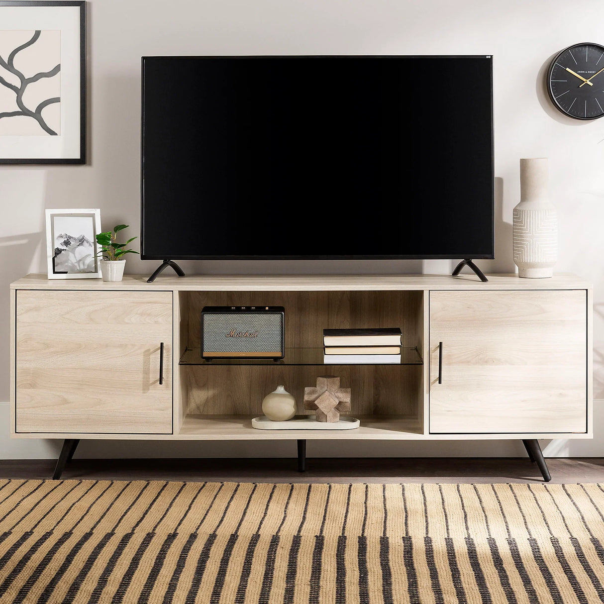 Mid-Century Modern 2 Door TV Stand With Glass Shelf - Furniture Home Direct