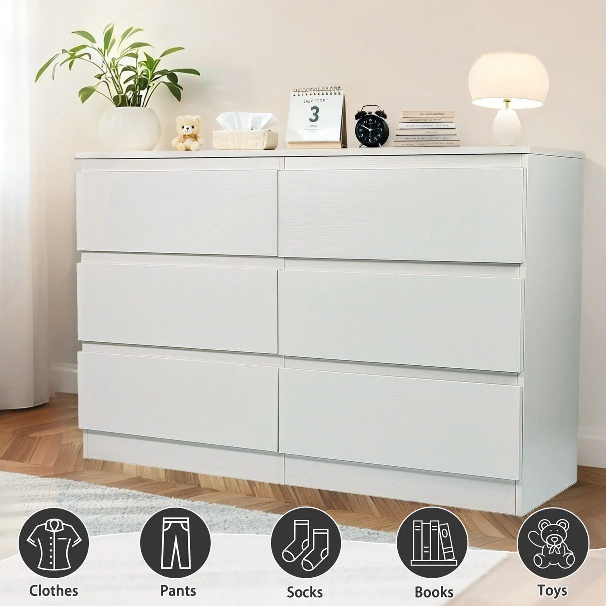 Modern 6 Drawer Dresser With Spacious Countertop And Concealed Handles, Storage Cabinet For Bedroom And Living Room - White - Furniture Home Direct
