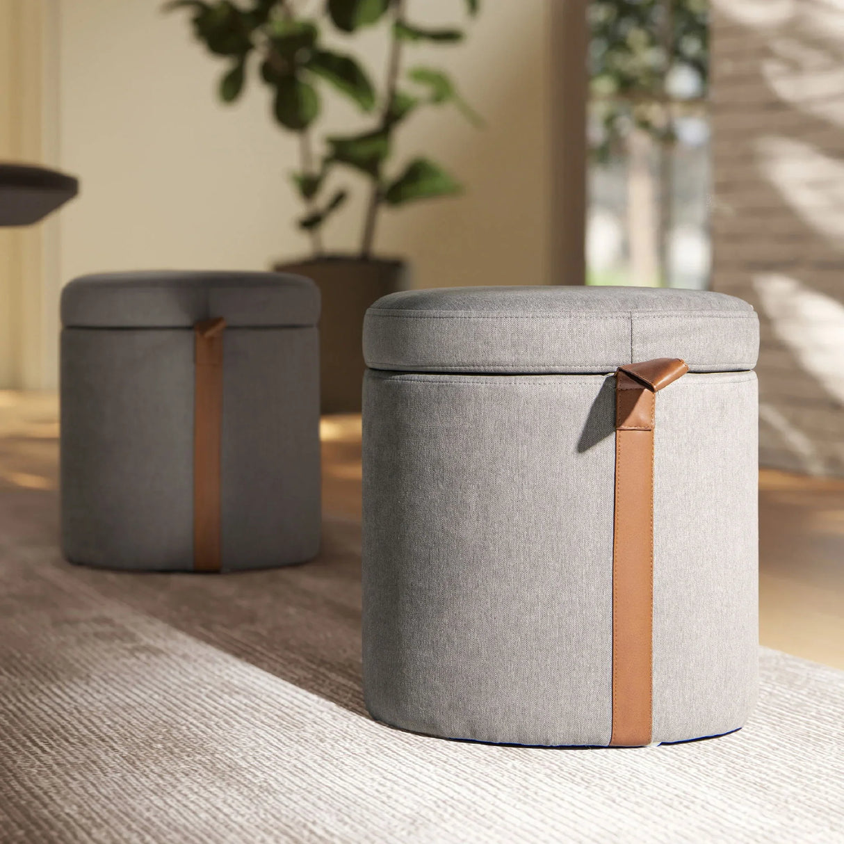 Brandy - Round Upholstered Storage Ottoman With Leather Accent - Furniture Home Direct