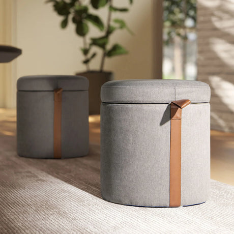 Brandy - Round Upholstered Storage Ottoman With Leather Accent - Furniture Home Direct