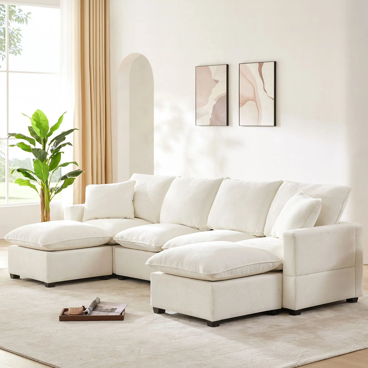 Modern U-Shape Modular Sofa, 6 Seat Chenille Sectional Couch Set With 2 Pillows Included, Freely Combinable Indoor Funiture For Living Room, Apartment, Office - Furniture Home Direct