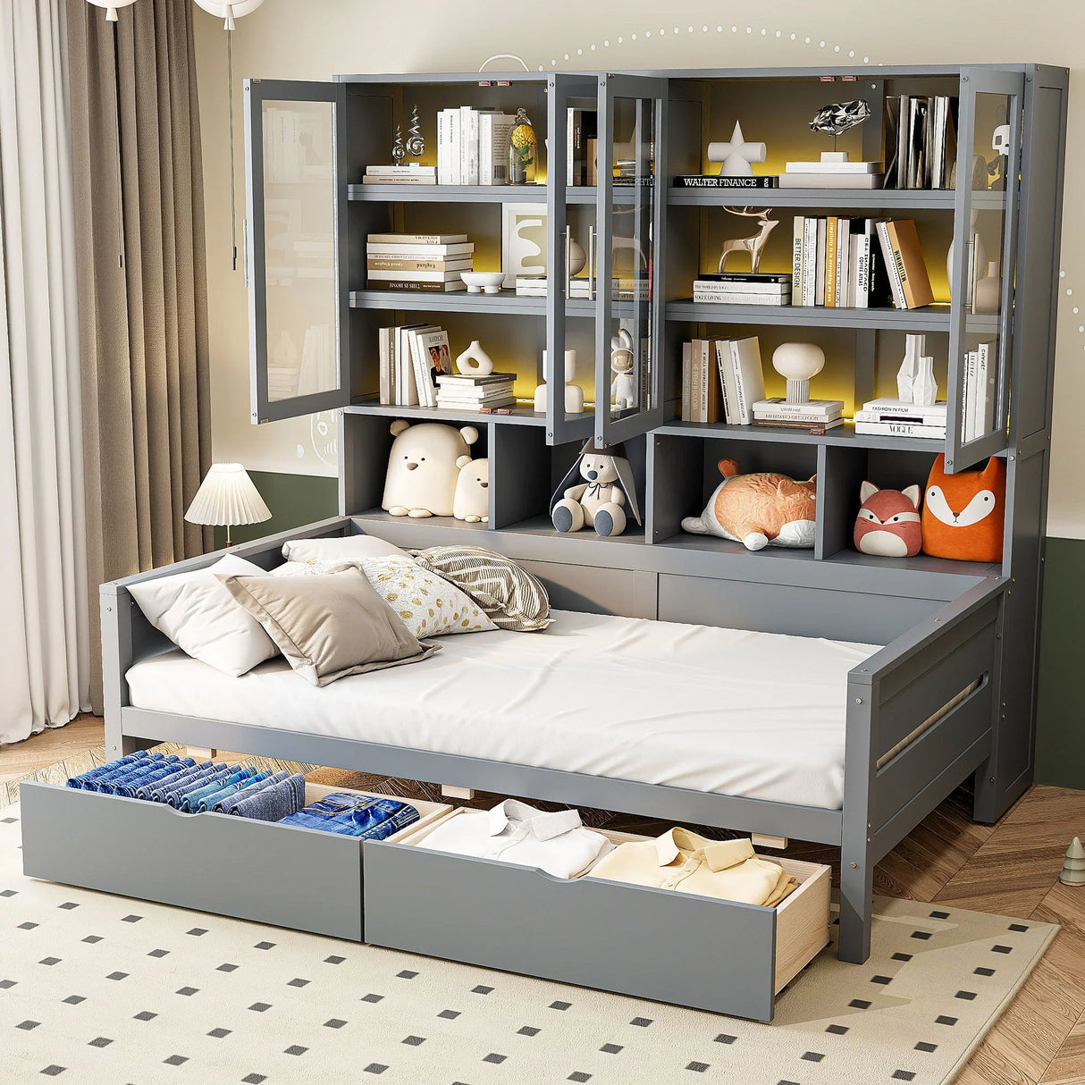 Daybed With Glass Door Storage Cabinets, Built In LED Lighting And Shelves - Furniture Home Direct