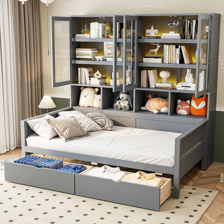 Daybed With Glass Door Storage Cabinets, Built In LED Lighting And Shelves - Furniture Home Direct