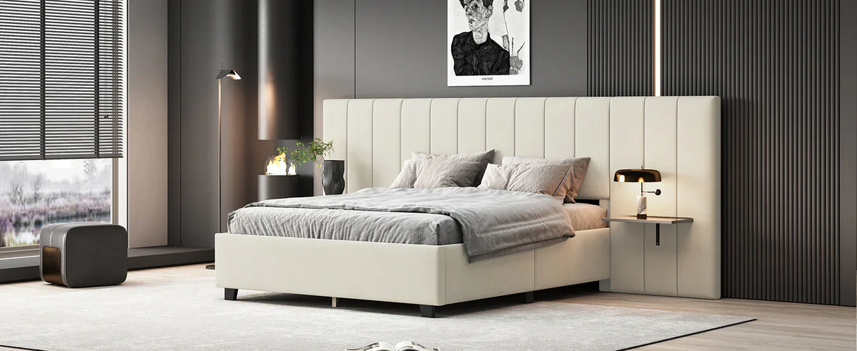 Queen Bed Upholstered Platform Tall Headboard Beige - Furniture Home Direct