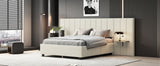 Queen Bed Upholstered Platform Tall Headboard Beige - Furniture Home Direct