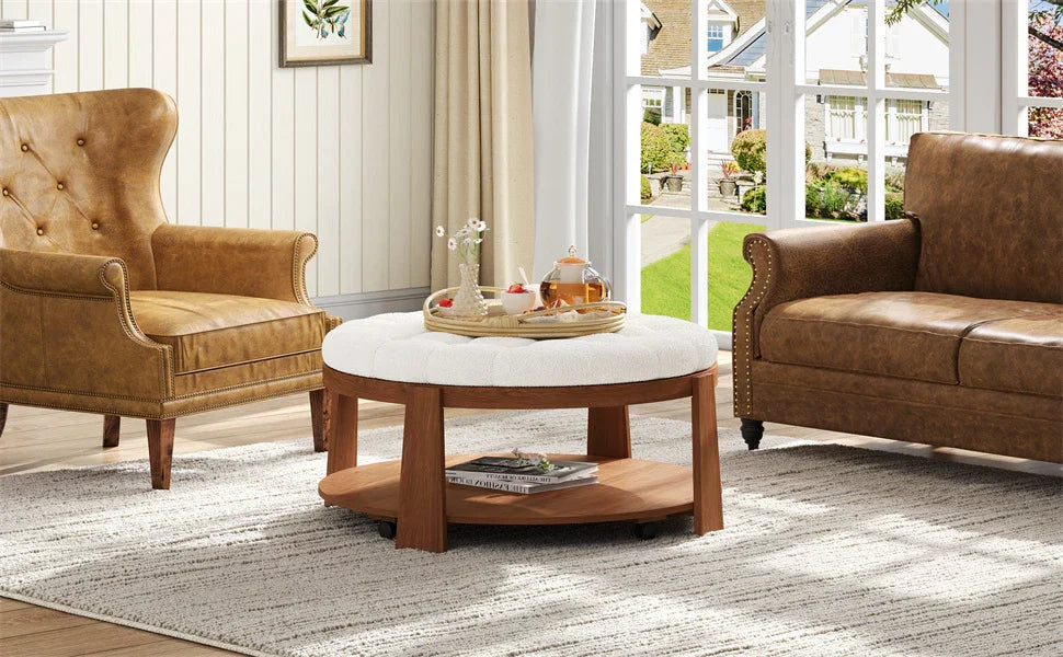 Round Ottoman Coffee Table with Upholstered Top Ivory White - Furniture Home Direct