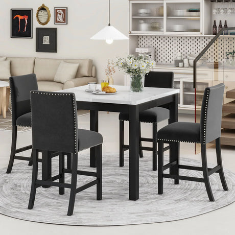 5-Piece Counter Height Dining Table Set With One Faux Marble Top Dining Table And Four Velvet Upholstered Chairs - Furniture Home Direct