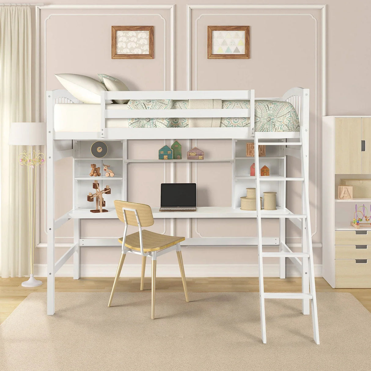 Loft Bed With Storage Shelves, Desk And Ladder - Furniture Home Direct