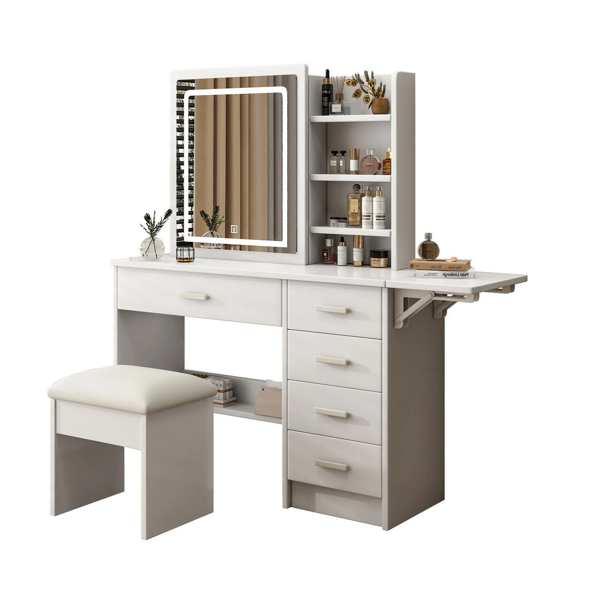 Fashion Vanity Desk With Mirror And Lights For Makeup, 5 Drawers, Adjustable Lighting - White - Furniture Home Direct