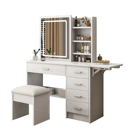 Fashion Vanity Desk With Mirror And Lights For Makeup, 5 Drawers, Adjustable Lighting - White - Furniture Home Direct