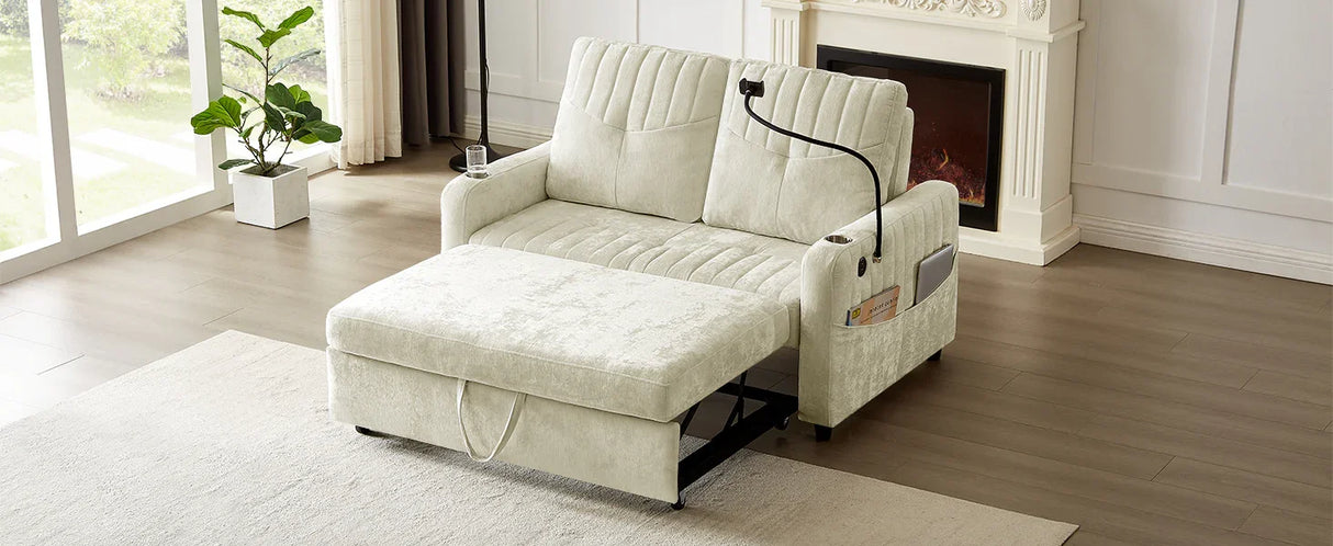 Sleeper Sofa With Adjustable Backrest, Two Cup Holders, Phone Holder, Three Charging Ports And Side Storage Pockets- Beige - Furniture Home Direct