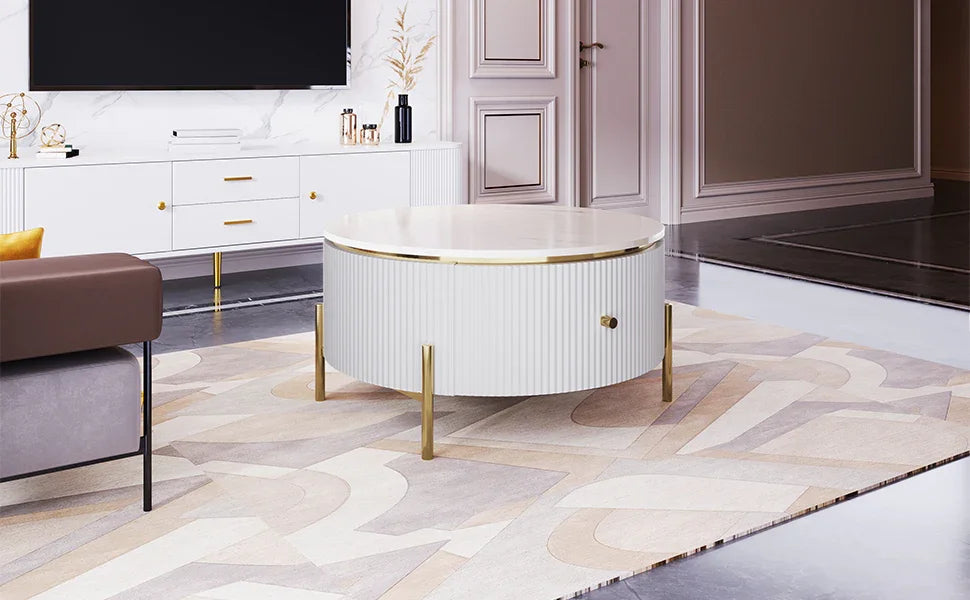 Round Coffee Table with Drawers and Gold Accents White - Furniture Home Direct
