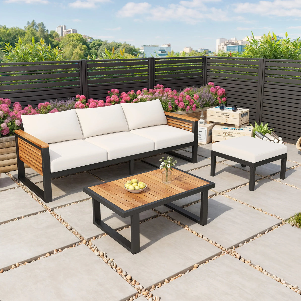 3-piece Outdoor Acacia Wood and Metal Patio Set - Furniture Home Direct