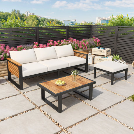 3-piece Outdoor Acacia Wood and Metal Patio Set - Furniture Home Direct