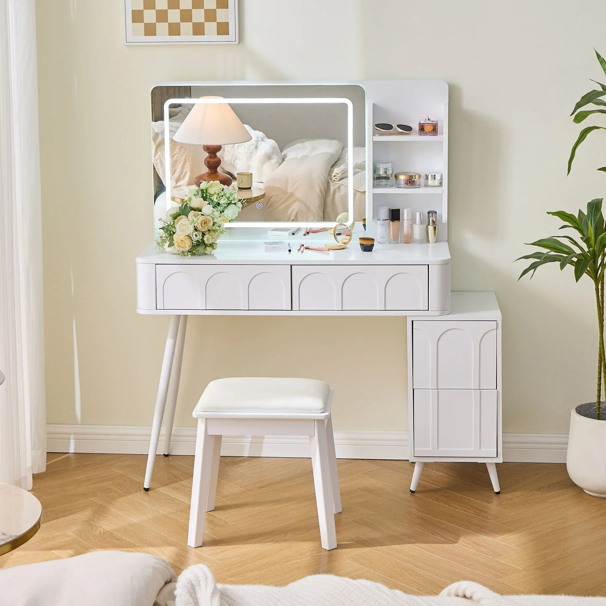 Modern Makeup Vanity Desk With LED Lights & Mirror 4 Drawer Dressing Table Set Space Saving For Bedroom - White - Furniture Home Direct
