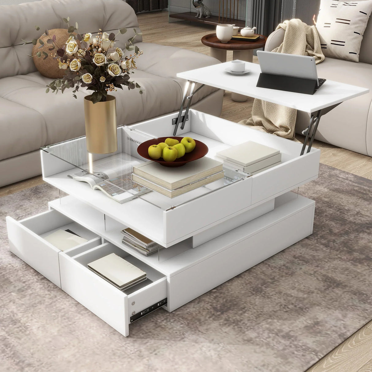 Lift Top Coffee Table With 2 Drawers, Hidden Space And LED Lights For Living Room - Furniture Home Direct