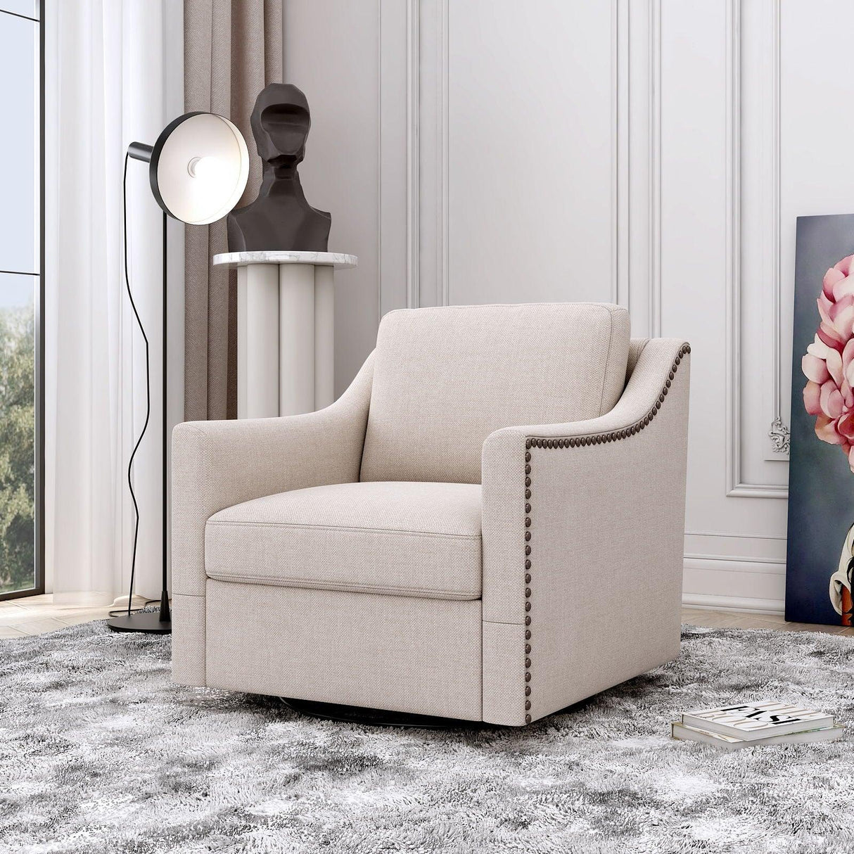 360 Degree Swivel Armchair, Skin Friendly Fabric, Ergonomic Design, Brass Nail Decorative Armchair - Furniture Home Direct