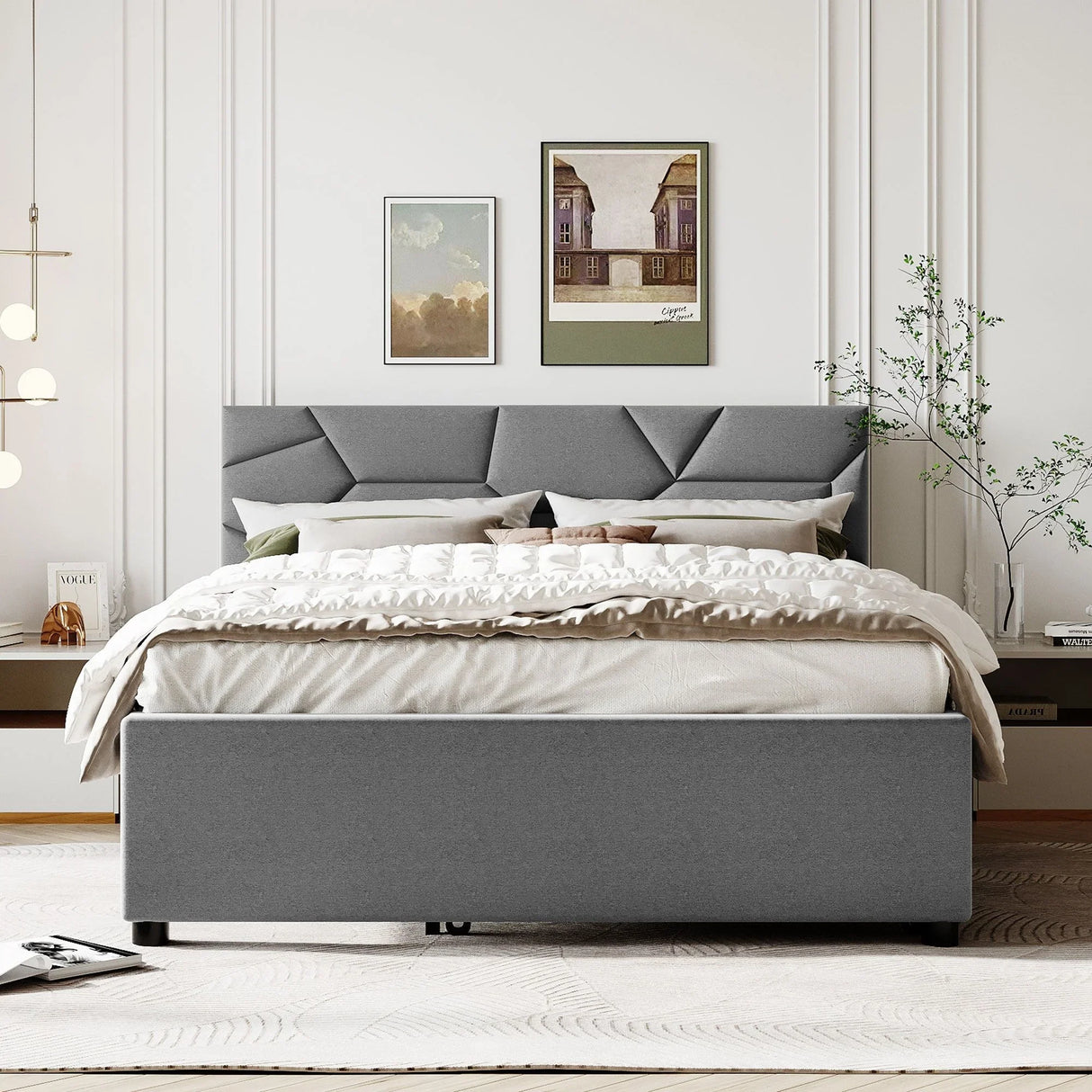 Upholstered Platform Bed With Brick Pattern Headboard And Twin Long Size Trundle - Furniture Home Direct