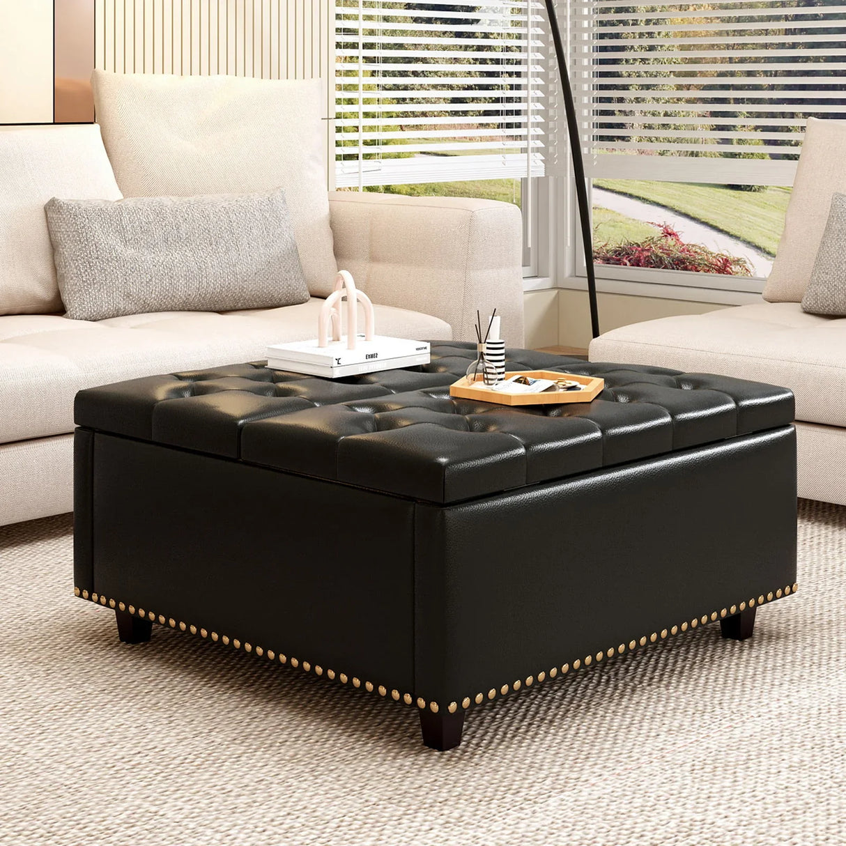 Large Square Storage Ottoman With 2 Storage Doors - Furniture Home Direct
