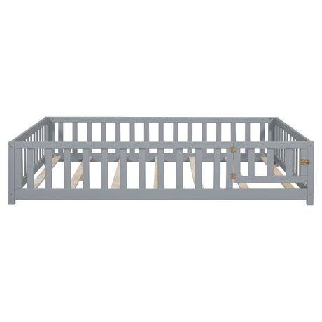 Montessori - Full Size Wooden Floor Platform Bed With Fence And Door, Montessori Floor Bed Frame With Support Slats For Toddlers - Gray - Furniture Home Direct