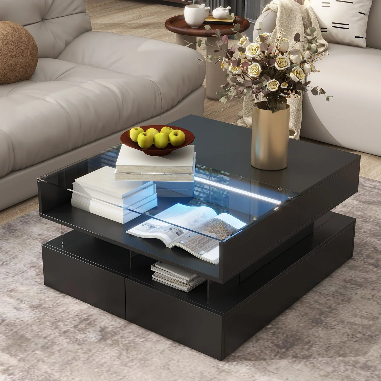 Lift Top Coffee Table With 2 Drawers, Hidden Space And LED Lights For Living Room - Furniture Home Direct
