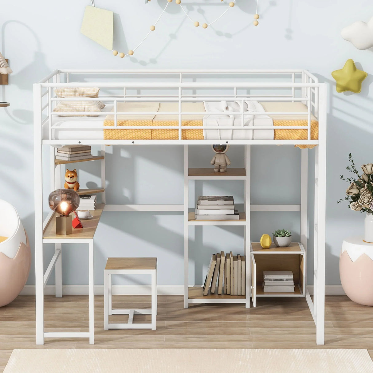 Full Size Loft Bed With Desk And Stool, With Open Style Wardrobe, Shelves And Cabinet - White - Furniture Home Direct