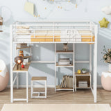 Full Size Loft Bed With Desk And Stool, With Open Style Wardrobe, Shelves And Cabinet - White - Furniture Home Direct