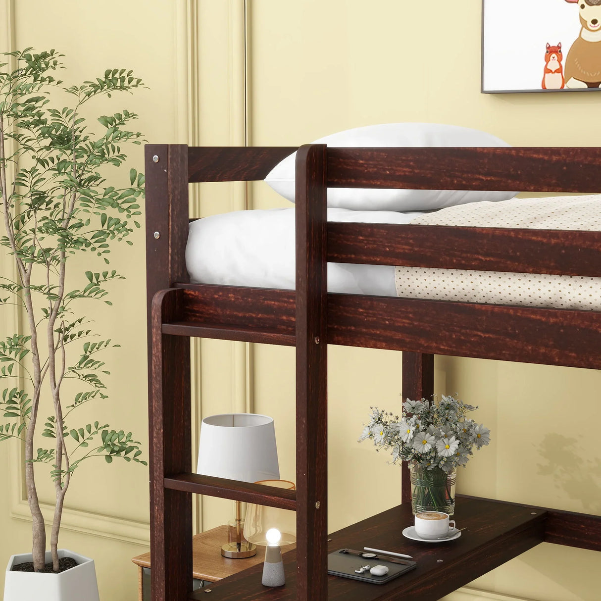 Loft Pine Wood Bed With Built-In Desk, Safety Guardrails, Ladder - Furniture Home Direct