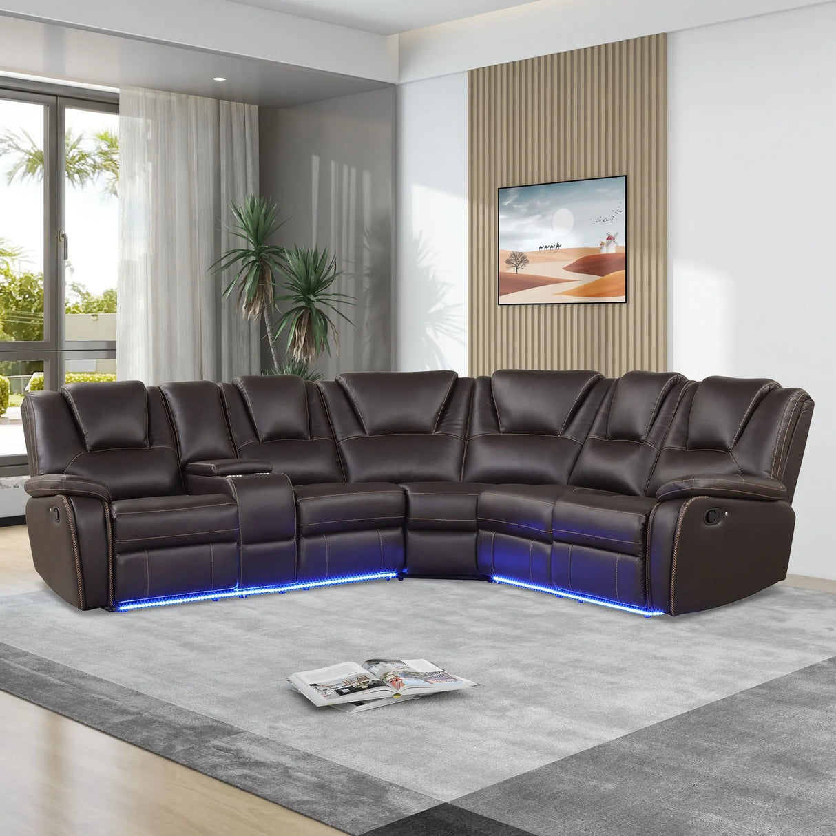 Modern Faux Leather Manual Reclining With Center Console And LED Light Strip, Living Room Furniture Set, PU Symmetrical Couch With 2 Cup Holders And Storage For Living Room - Furniture Home Direct