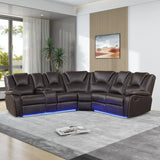 Modern Faux Leather Manual Reclining With Center Console And LED Light Strip, Living Room Furniture Set, PU Symmetrical Couch With 2 Cup Holders And Storage For Living Room - Furniture Home Direct