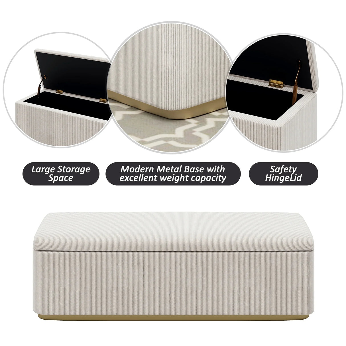 King Bed Corduroy Upholstered Storage Ottoman Light Grey - Furniture Home Direct