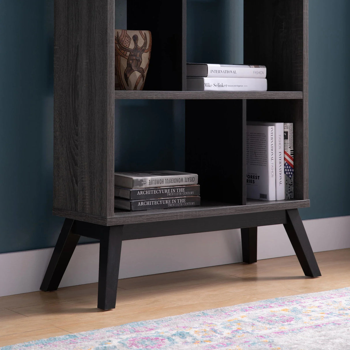 Mid-Century Modern 4 Tier Bookcase Bookshelf Display Storage - Distressed Gray - Furniture Home Direct
