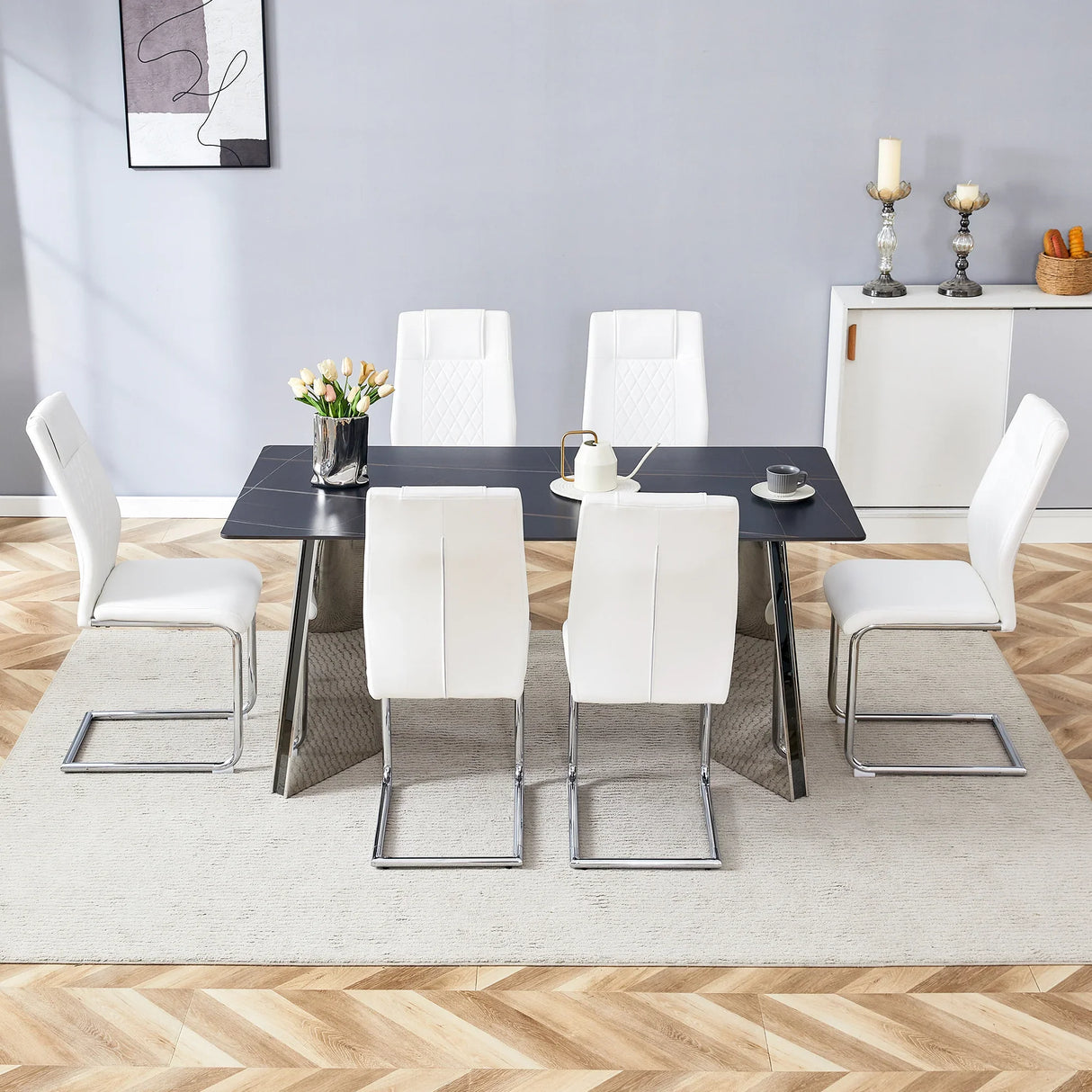 Dining Set Marble Pattern Table With White Chairs White - Furniture Home Direct