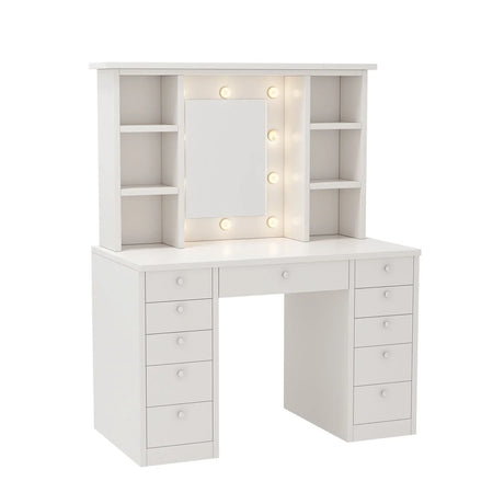 Vanity Desk With LED Lighted Mirror, Makeup Vanity With 11 Drawers, Adjustable Lighting - White - Furniture Home Direct