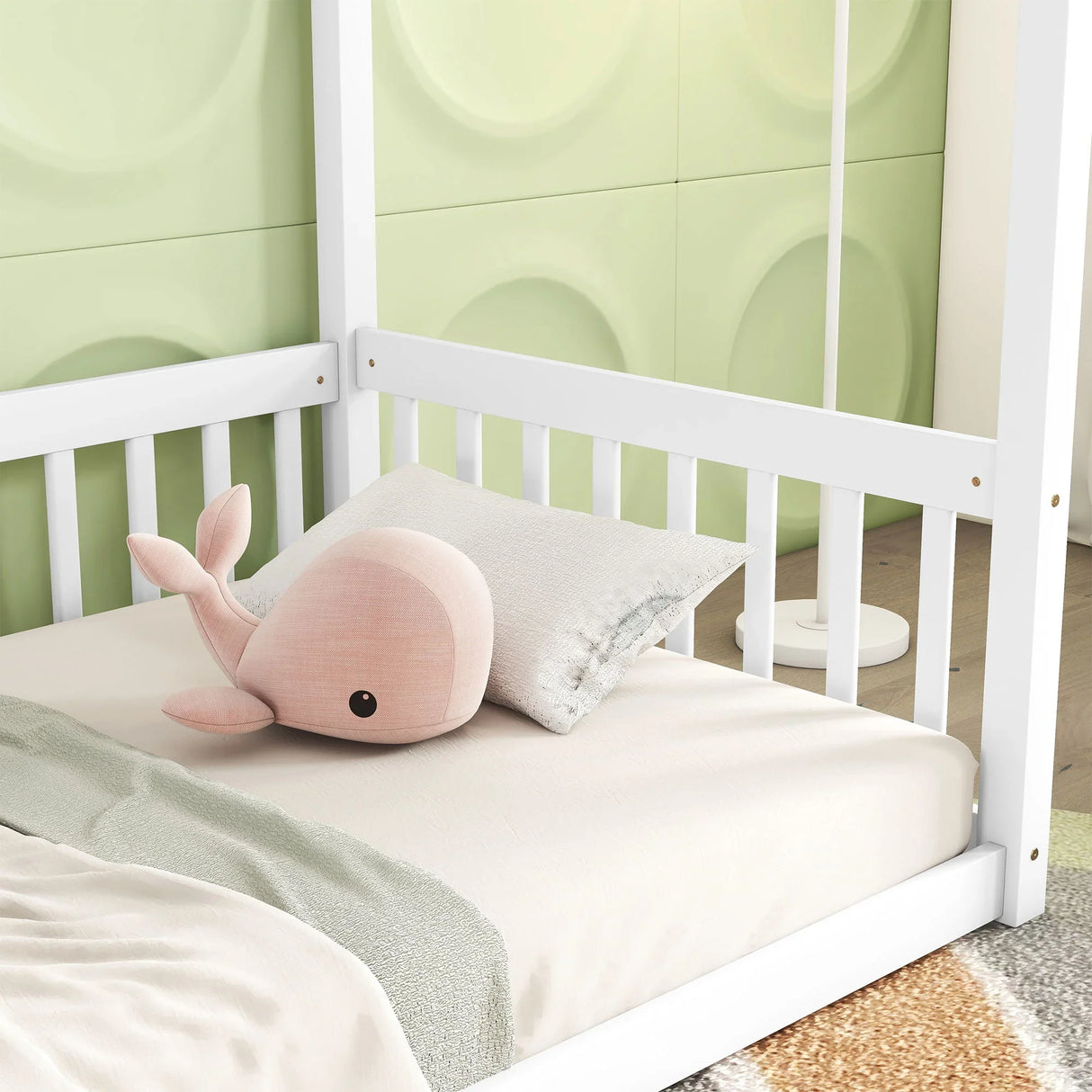 Canopy Frame Floor Bed With Fence, Guardrails - Furniture Home Direct