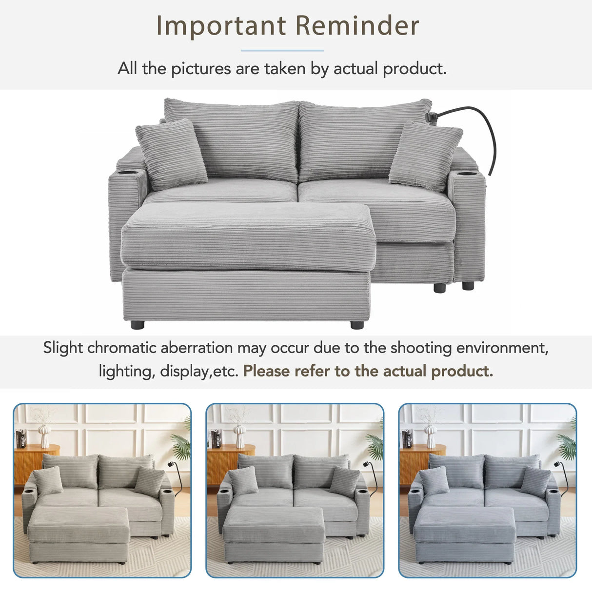 Modern Style Loveseat With Storage, Ottoman, Two USB Ports, Two Cup Holders and Phone Holder - Gray - Furniture Home Direct