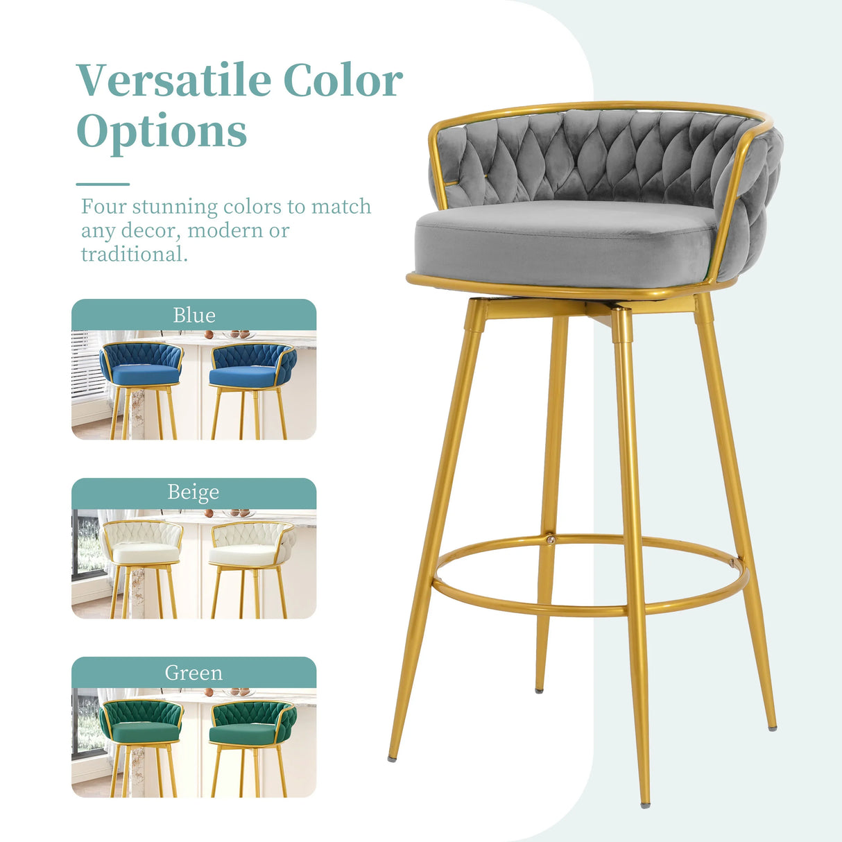 Bar Stools Set Of 2 Swivel Counter Height Gold Frame Grey - Furniture Home Direct