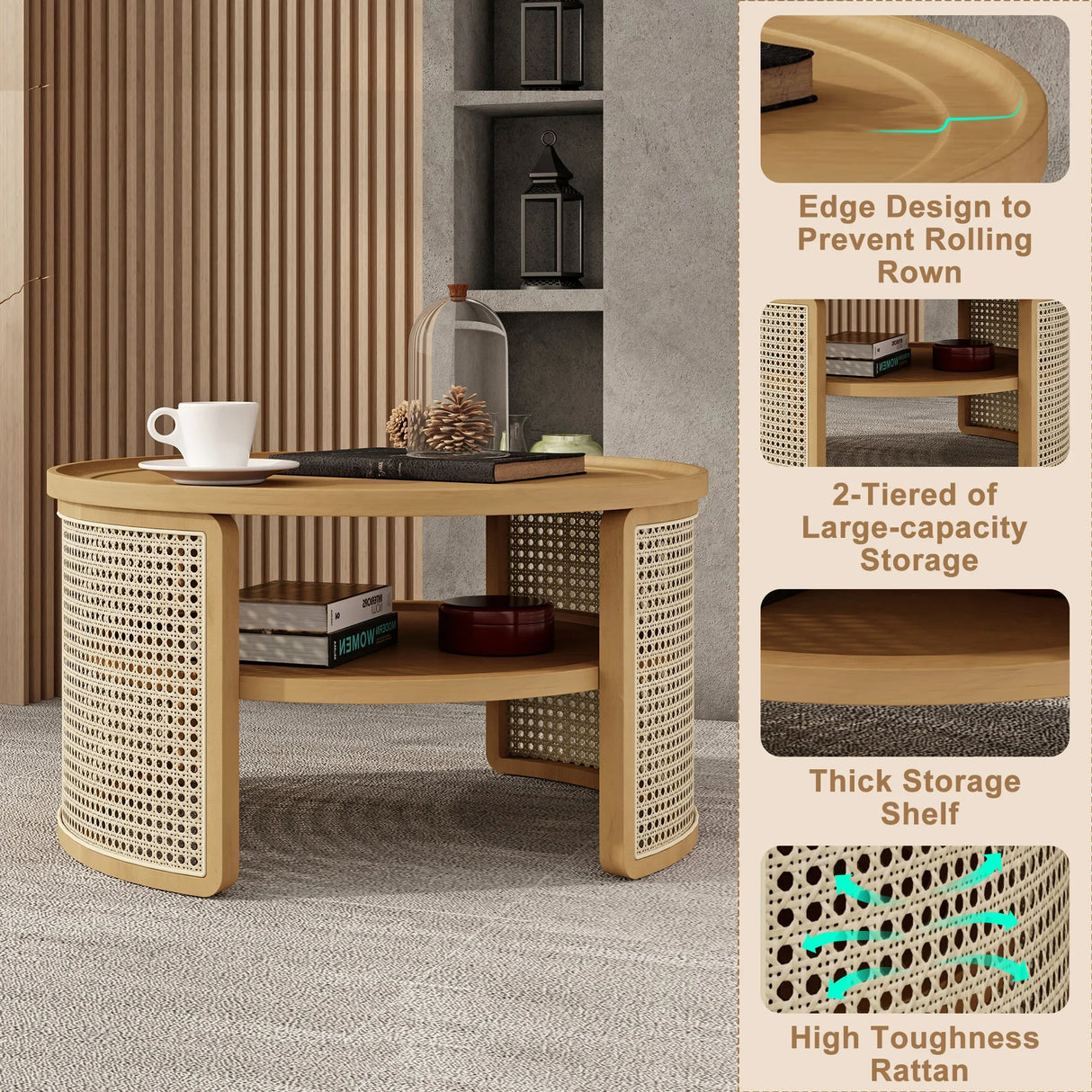 Round Coffee Table With Storage Caned Sides Natural - Furniture Home Direct