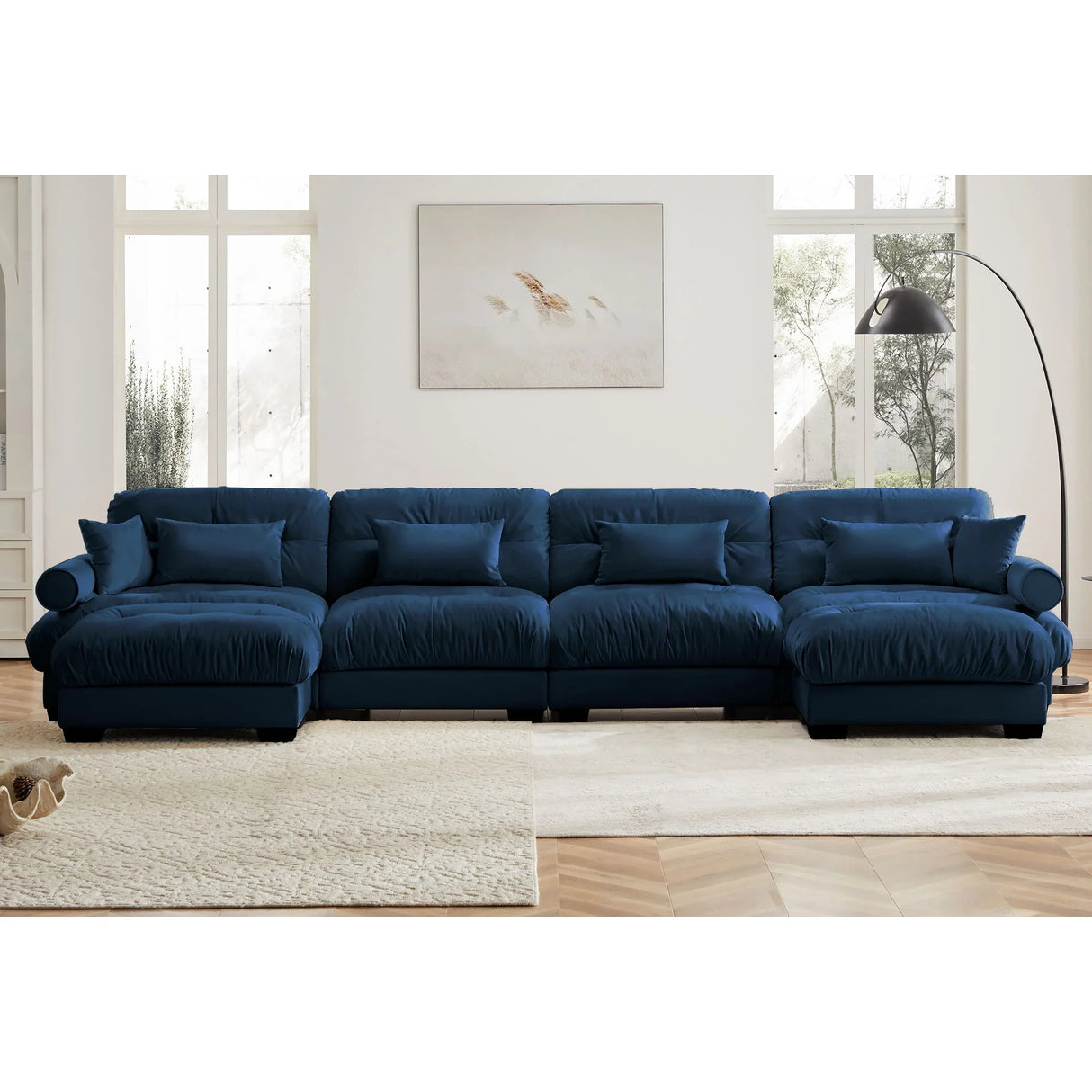Modern Sectional Sofa With Ottoman, Round Bolster Armrests, Waist And Throw Pillows - Furniture Home Direct