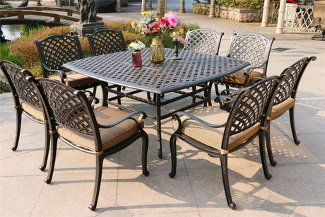 Square 8 Person 63.98" Long Dining Set With Dupione Brown Cushions - Furniture Home Direct